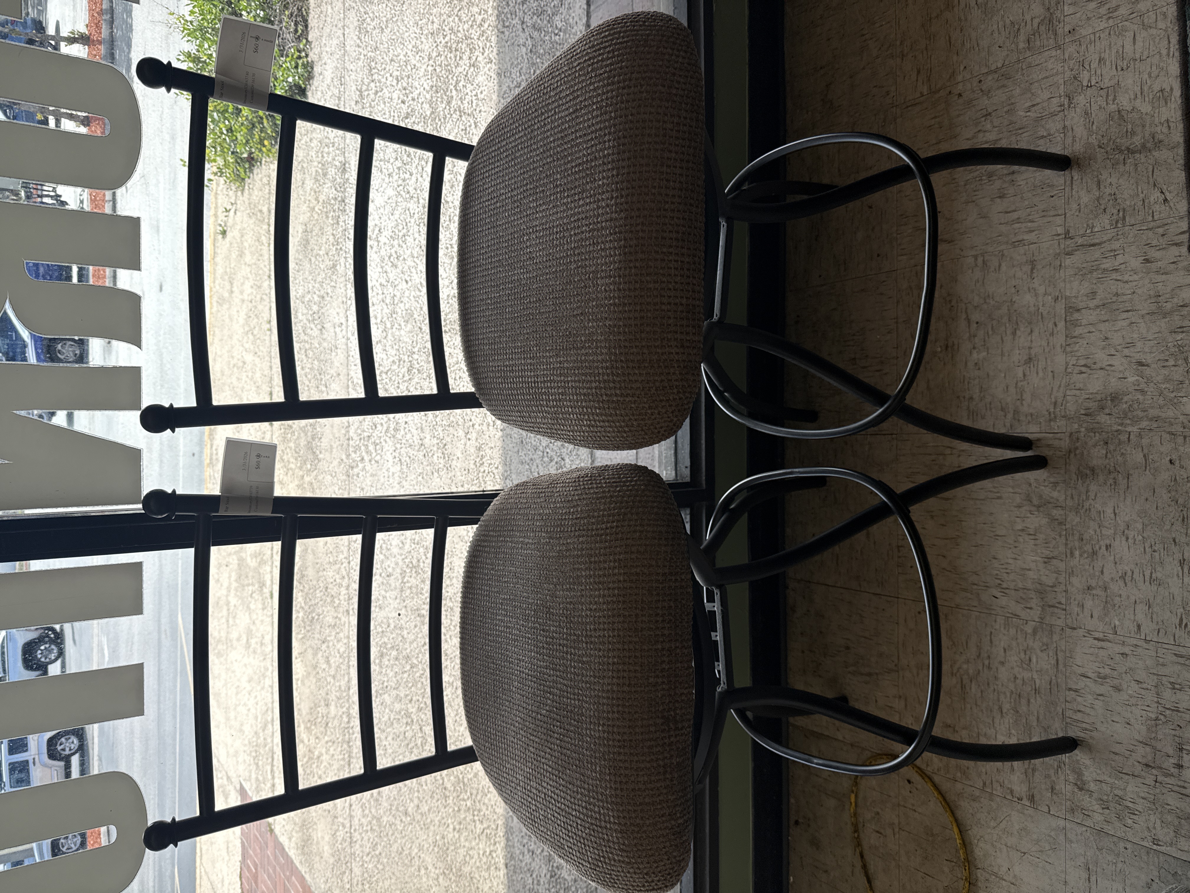 2 Black Barstools w/ beige seats - Pre-loved furniture Central Florida